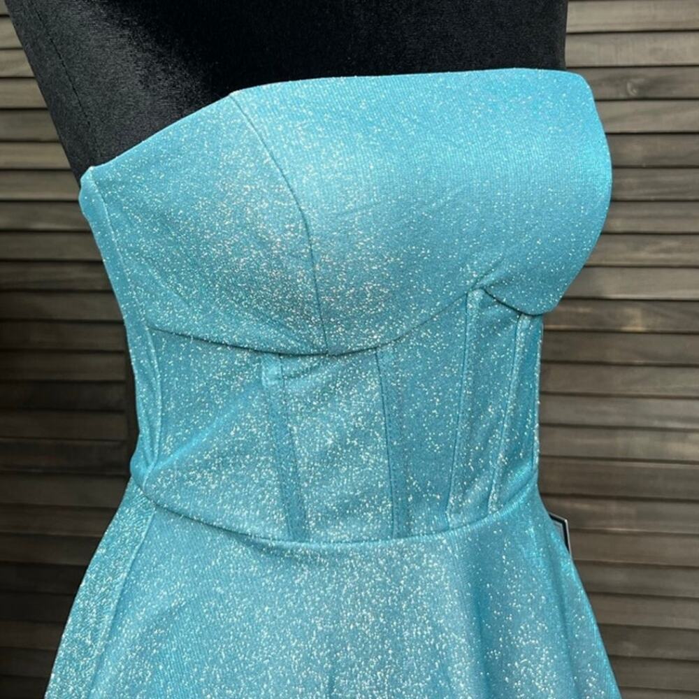 B Darlin Juniors 3/4 Turquoise Sparkle Strapless Homecoming Party Mini Dress NWT - Picture 8 of 12